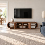 Minimalist television stand in solid wood with rounded frame and enclosed storage
