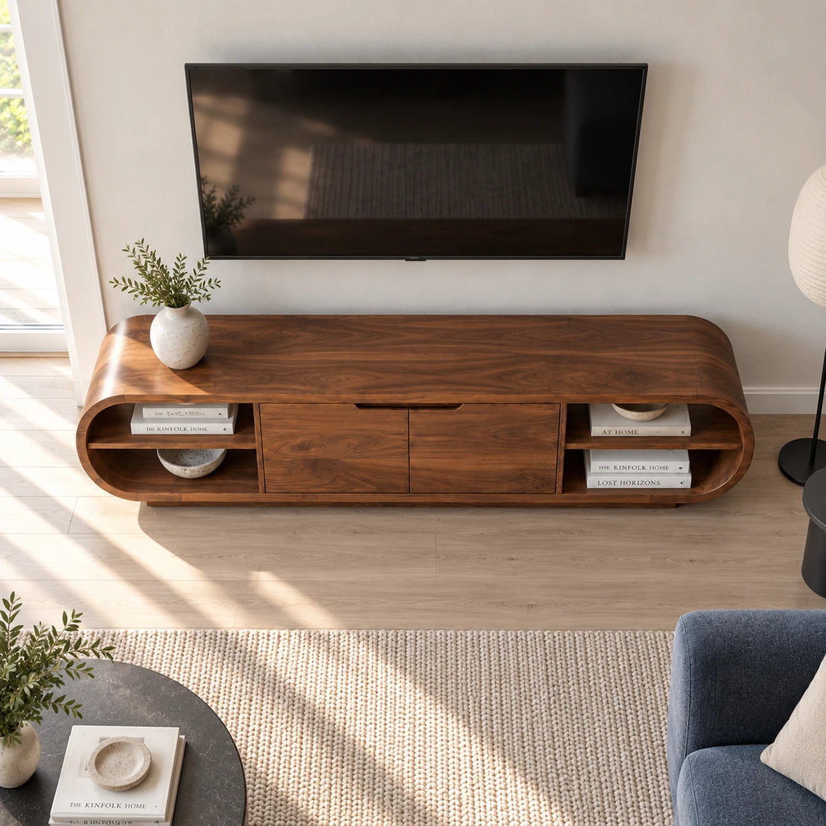 Contemporary media cabinet in solid wood with side shelving and clean modern lines
