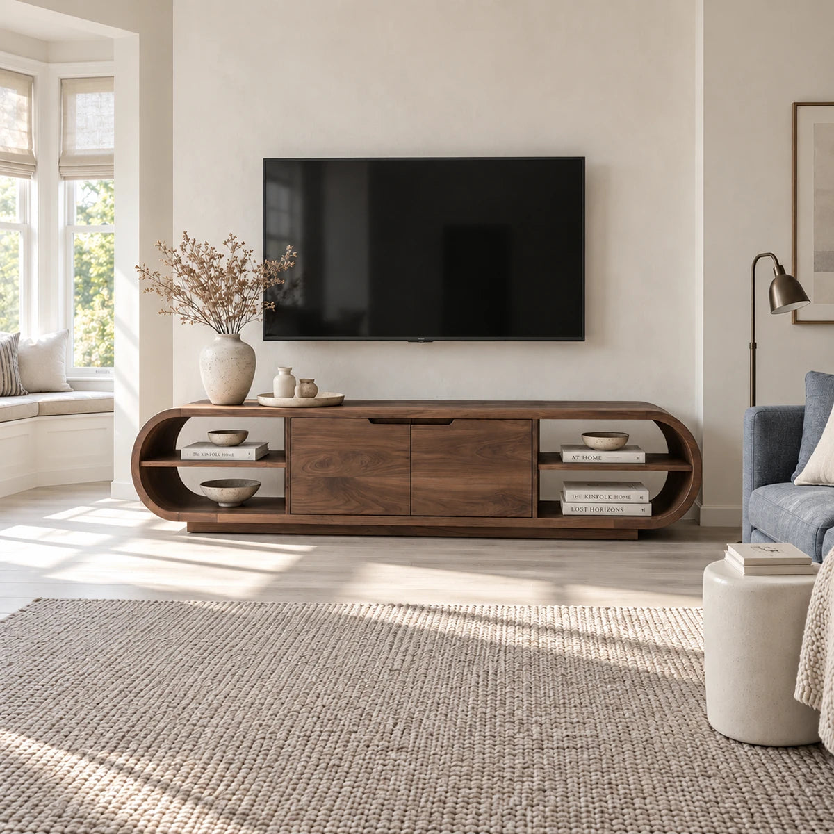 Elegant entertainment unit in solid wood with central doors and rounded side ends
