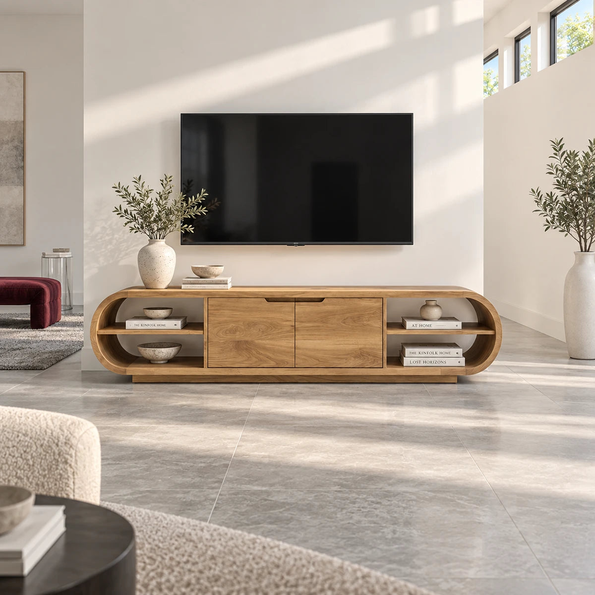 Streamlined TV media unit in solid wood with open shelves and low cabinet profile
