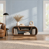 Architectural TV stand in solid wood with smooth curves and spacious open shelving
