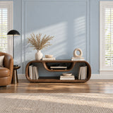 Living room media console in solid wood with rounded sides and a centered device shelf

