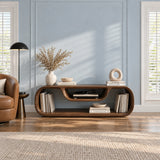 Curved solid wood TV unit with open compartments for books, audio gear, and display
