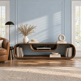 Sleek entertainment console in solid wood with a waterfall shape and functional storage
