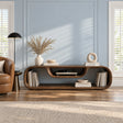 Solid wood TV stand with curved open shelves and center platform for media devices
