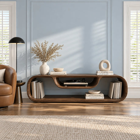 Solid wood TV stand with curved open shelves and center platform for media devices
