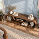 Open shelf TV stand in solid wood with rounded corners and room for books and decor
