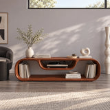 Designer media stand in solid wood with flowing edges and a recessed center compartment
