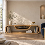 Minimalist entertainment unit in solid wood with curved framing and open display space
