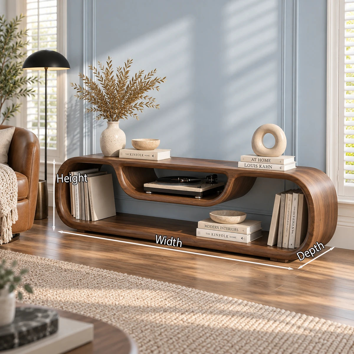 Solid wood media unit with an airy oval frame and practical space for a record player

