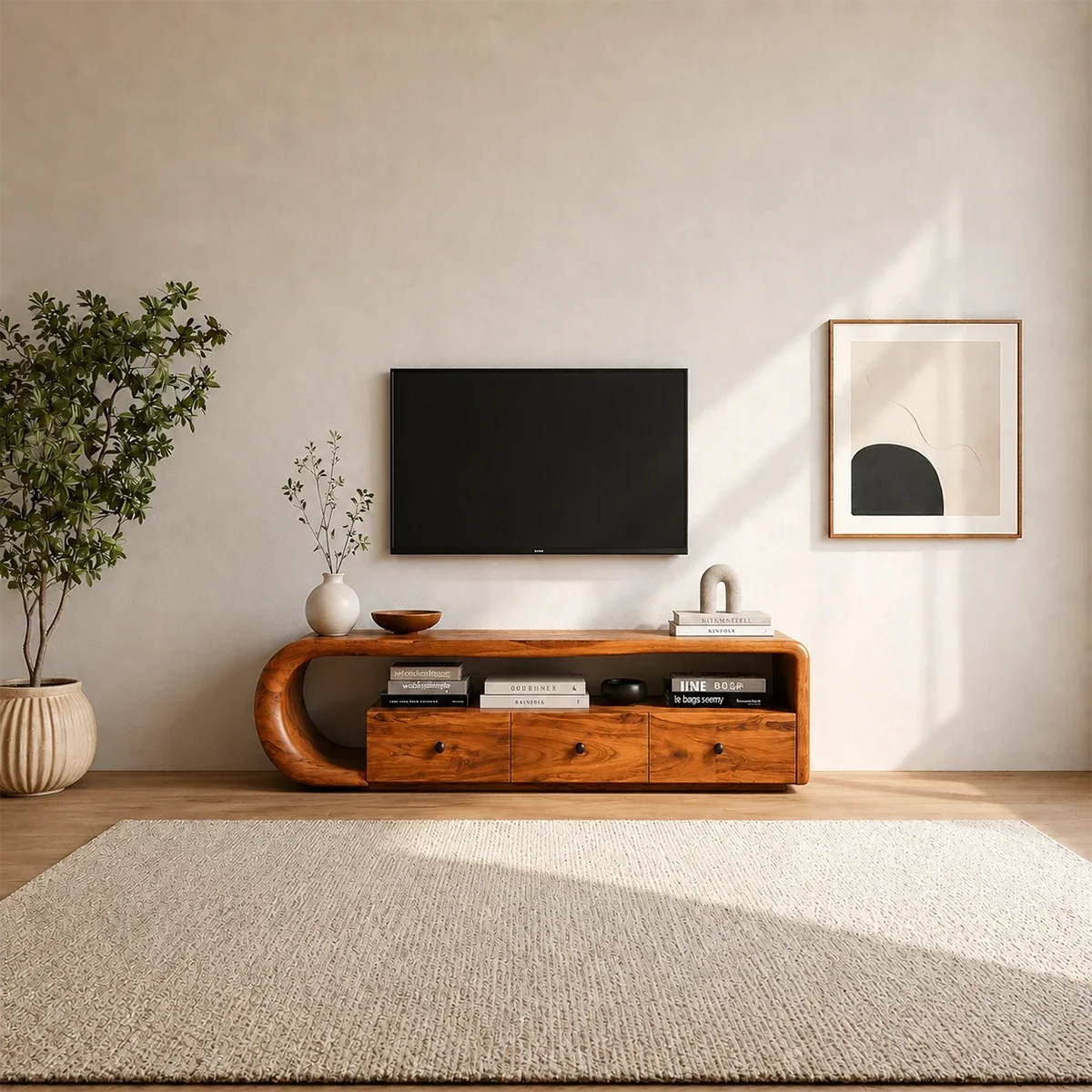 Curved Solid Wood TV Stand with Open Shelf and Drawer Storage Design - ArborisWood - 12