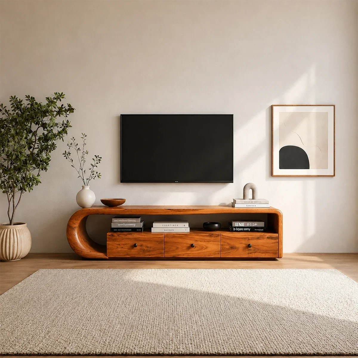 Curved Solid Wood TV Stand with Open Shelf and Drawer Storage Design - ArborisWood - 13