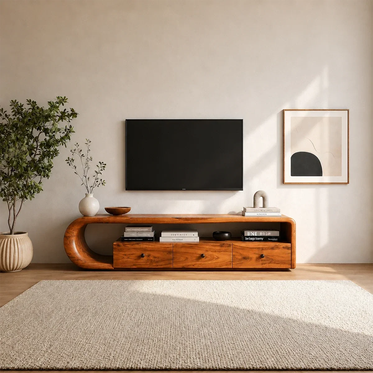 Curved Solid Wood TV Stand with Open Shelf and Drawer Storage Design - ArborisWood - 14