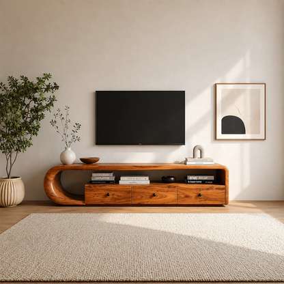 Curved Solid Wood TV Stand with Open Shelf and Drawer Storage Design - ArborisWood - 2