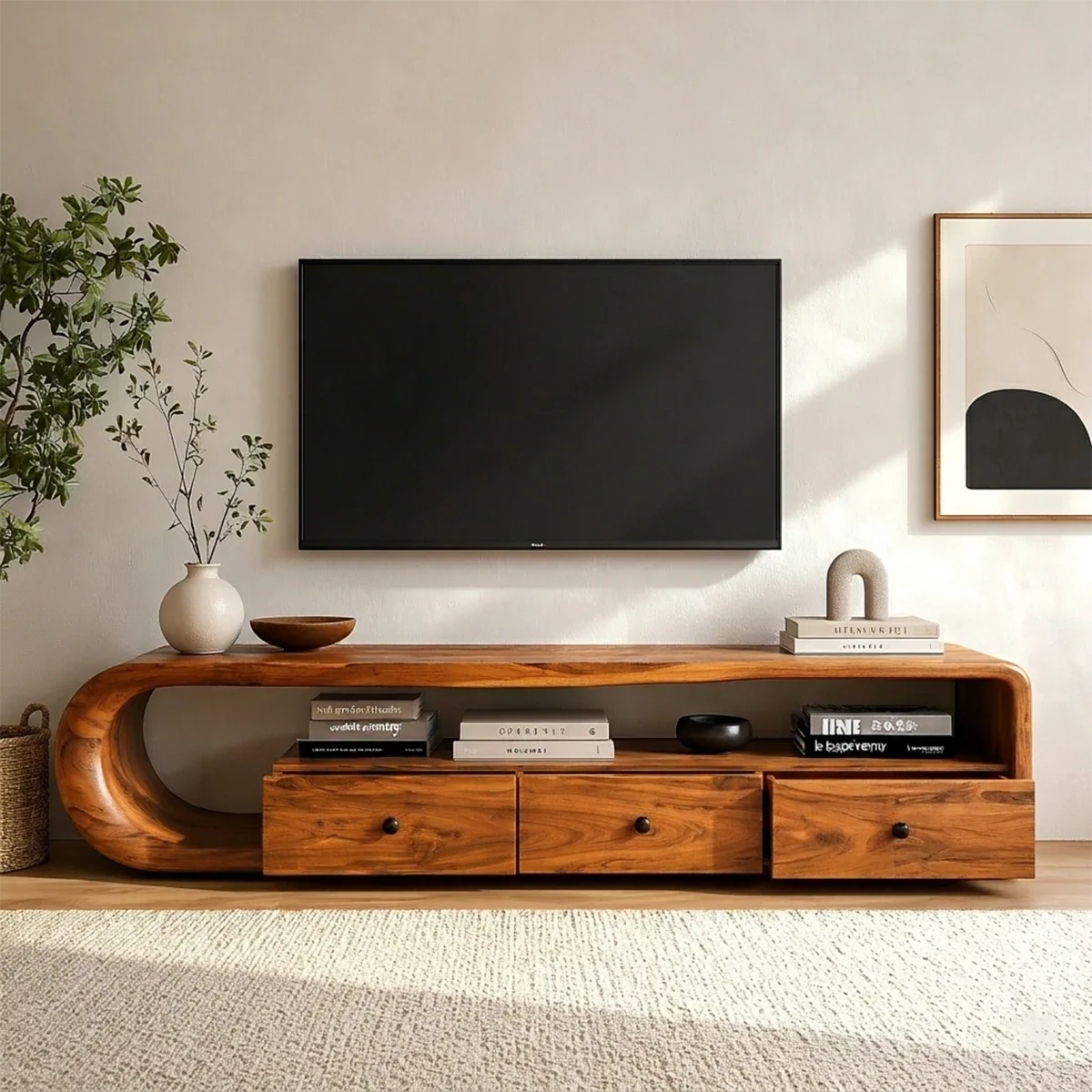 Curved Solid Wood TV Stand with Open Shelf and Drawer Storage Design - ArborisWood - 5