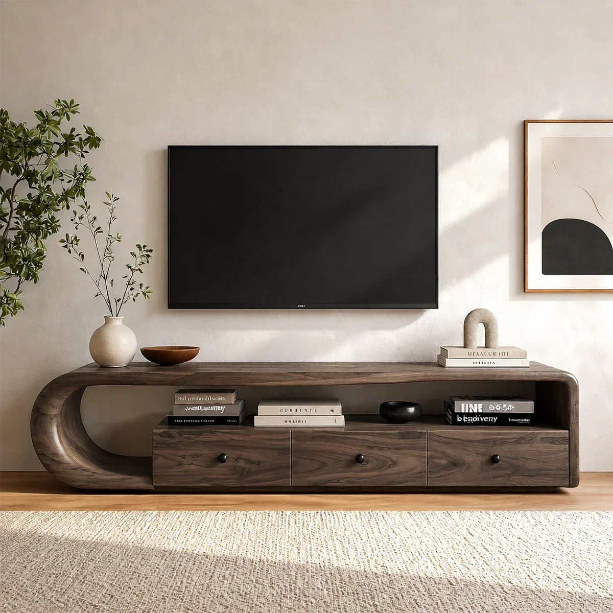 Curved Solid Wood TV Stand with Open Shelf and Drawer Storage Design - ArborisWood - 7