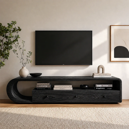 Curved Solid Wood TV Stand with Open Shelf and Drawer Storage Design - ArborisWood - 9