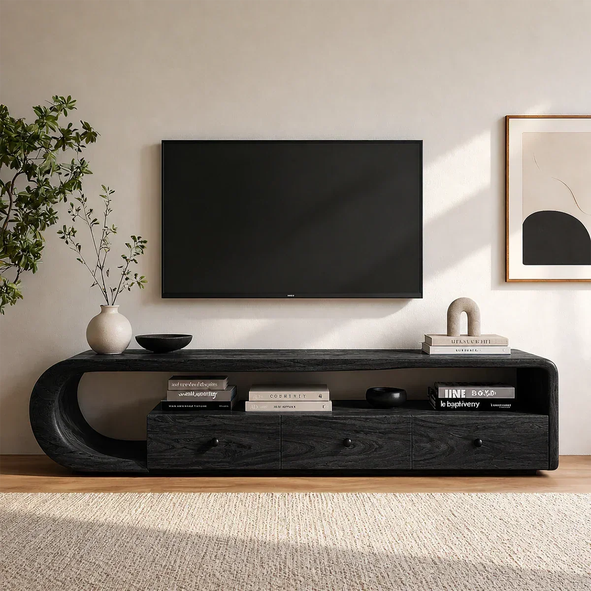 Curved Solid Wood TV Stand with Open Shelf and Drawer Storage Design - ArborisWood - 9