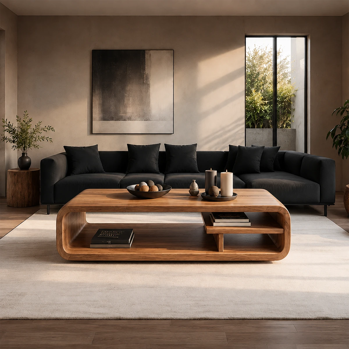 Curved Storage Coffee Table – Solid Wood Seamless Loop Design - ArborisWood - 13