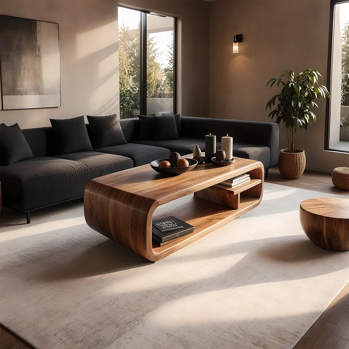 Curved Storage Coffee Table – Solid Wood Seamless Loop Design - ArborisWood