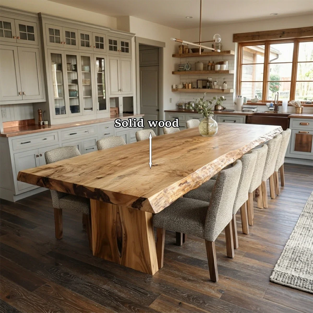 Refined kitchen interior styled with a large handcrafted dining table and natural wood details