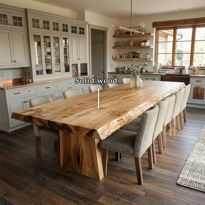 Refined kitchen interior styled with a large handcrafted dining table and natural wood details