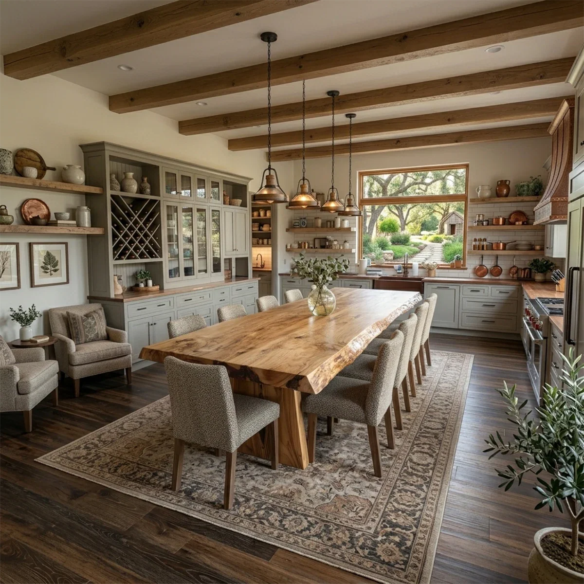 A spacious dining area featuring a handcrafted wood table with organic edges and warm tones