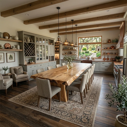 A spacious dining area featuring a handcrafted wood table with organic edges and warm tones