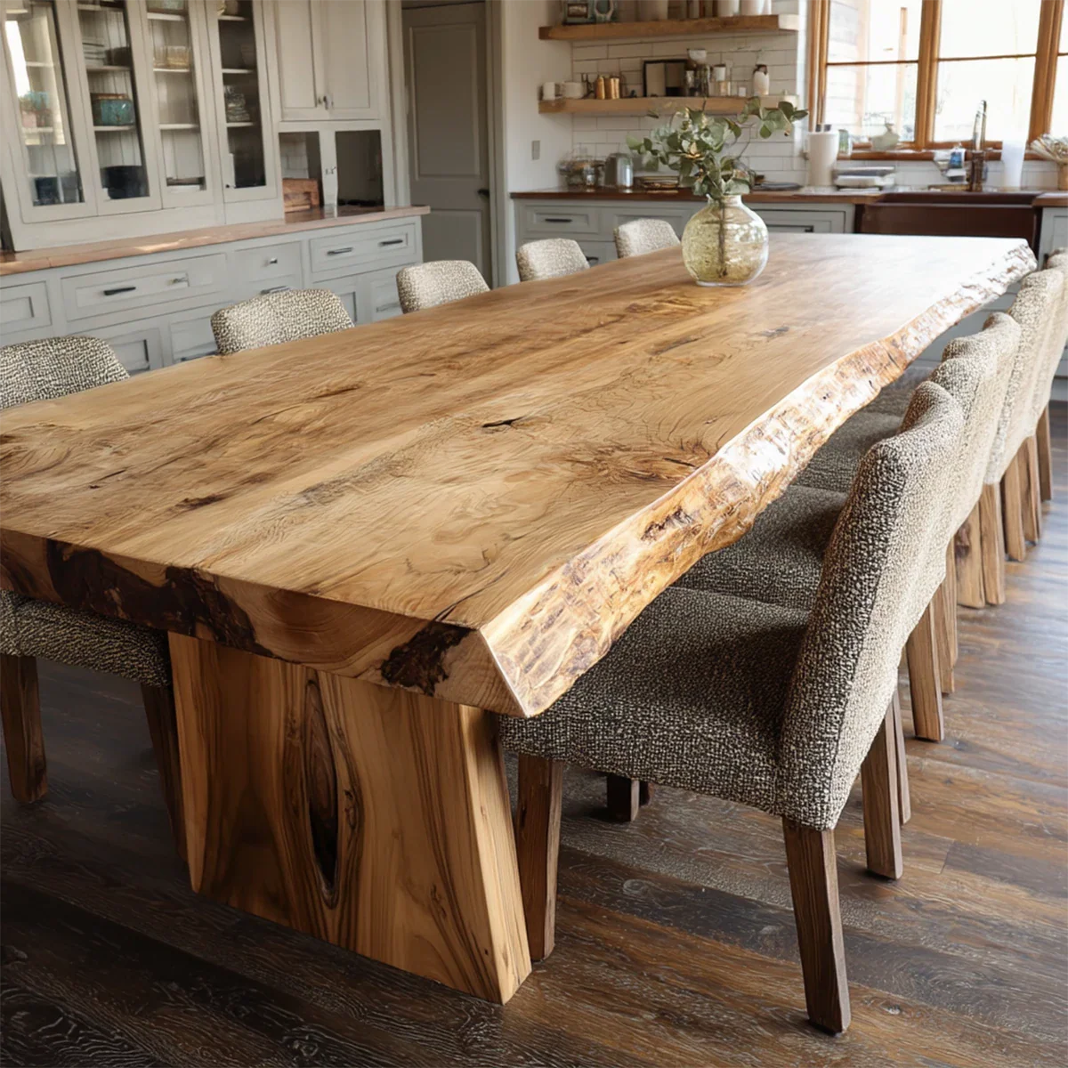 Solid wood dining table with natural slab design set in a bright and inviting modern kitchen