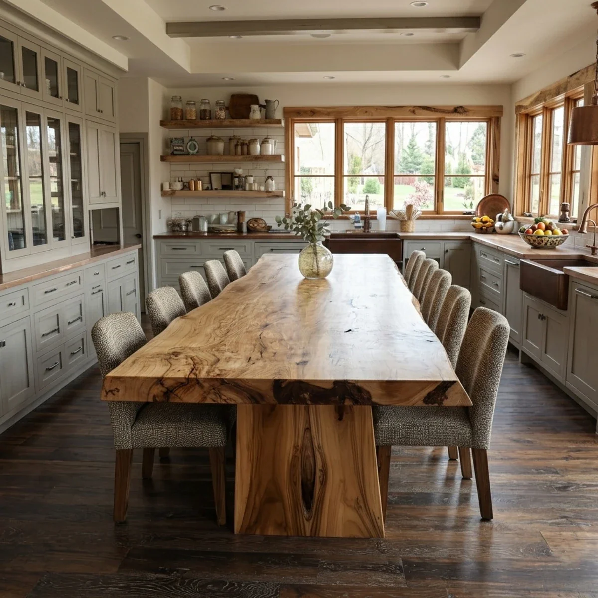In this elegant home, a large dining table showcases flowing grain and a bold sculptural base