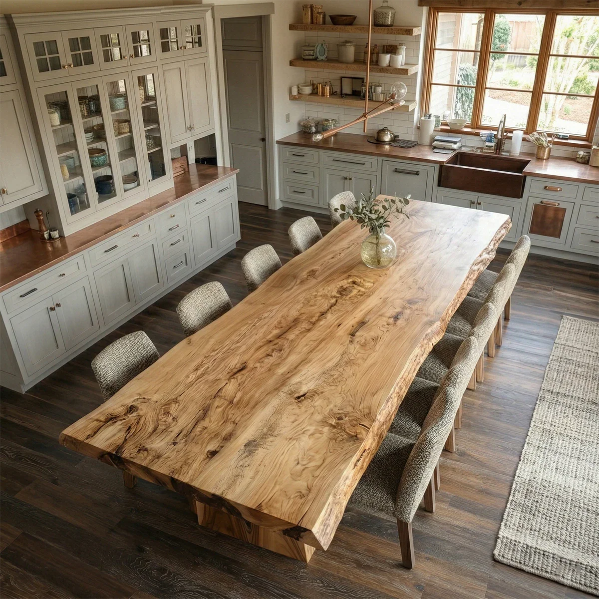 Natural wood textures define this kitchen space, centered around a live edge dining table