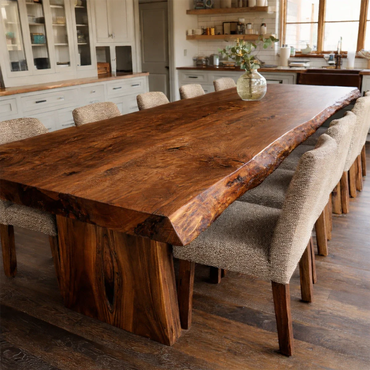 Set within a modern farmhouse interior, the table highlights solid wood construction and form