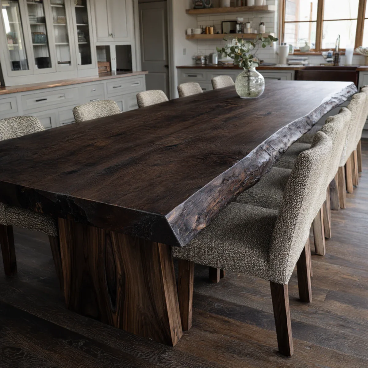 A premium dining setup with a custom wood table, blending organic edges and clean design
