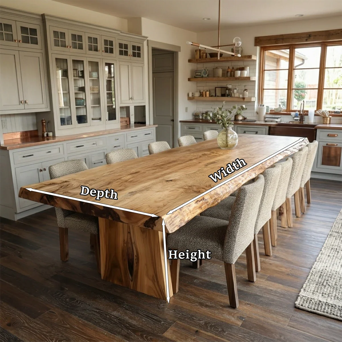 Organic edge wood dining table brings warmth and character to this spacious dining room