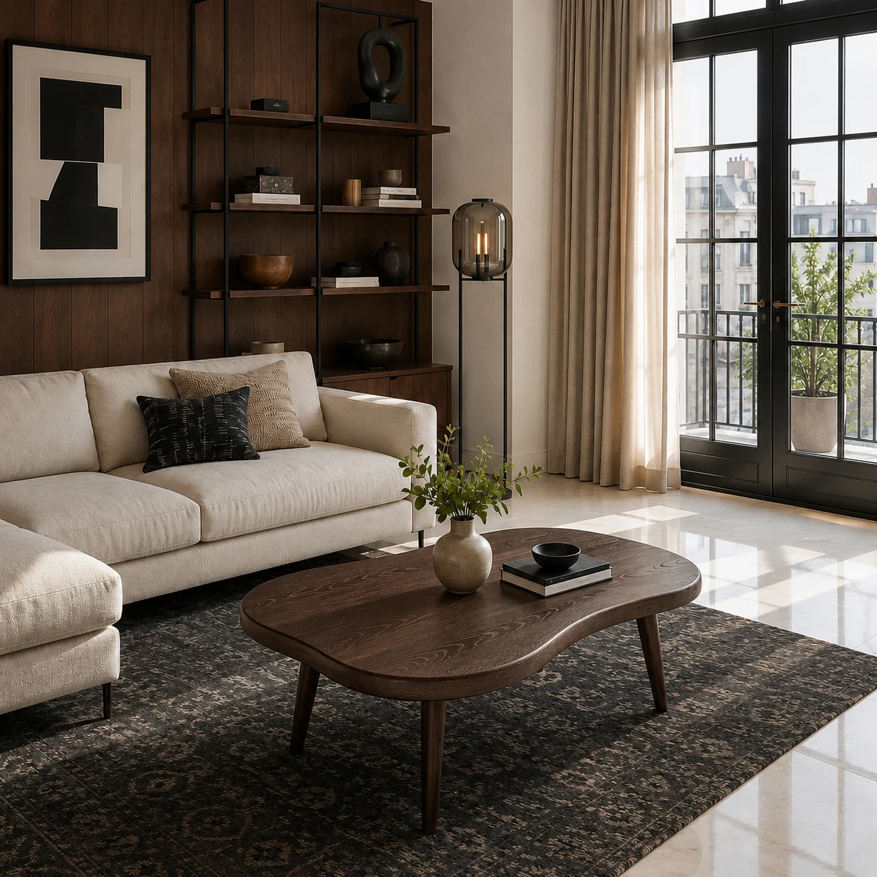 Dark solid wood coffee table with soft curves in a refined modern apartment living room