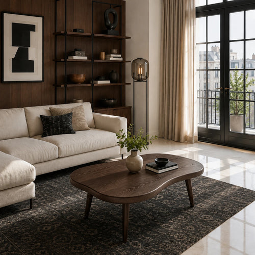 Dark solid wood coffee table with soft curves in a refined modern apartment living room