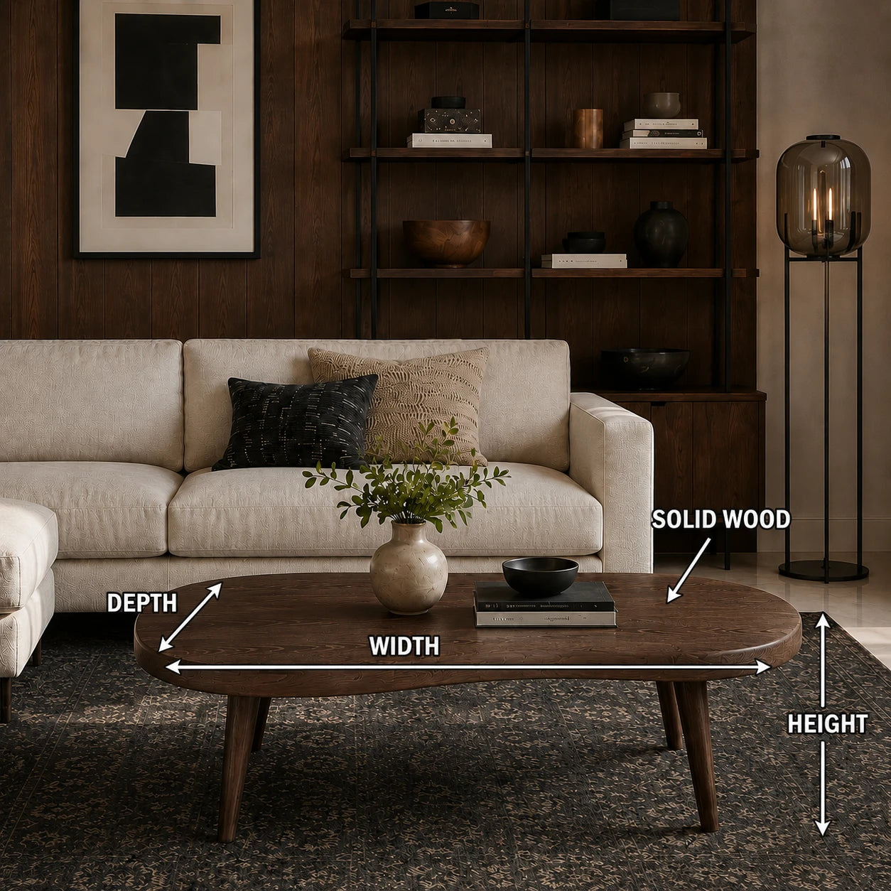 Organic shape coffee table with rounded edges and tapered legs in a modern living space