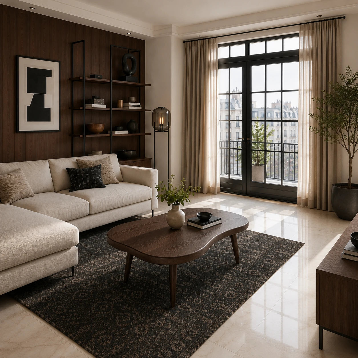 Handcrafted coffee table with rounded edges and tapered legs for a warm modern lounge