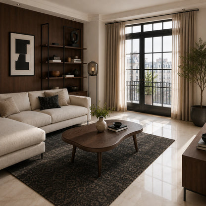 Handcrafted coffee table with rounded edges and tapered legs for a warm modern lounge