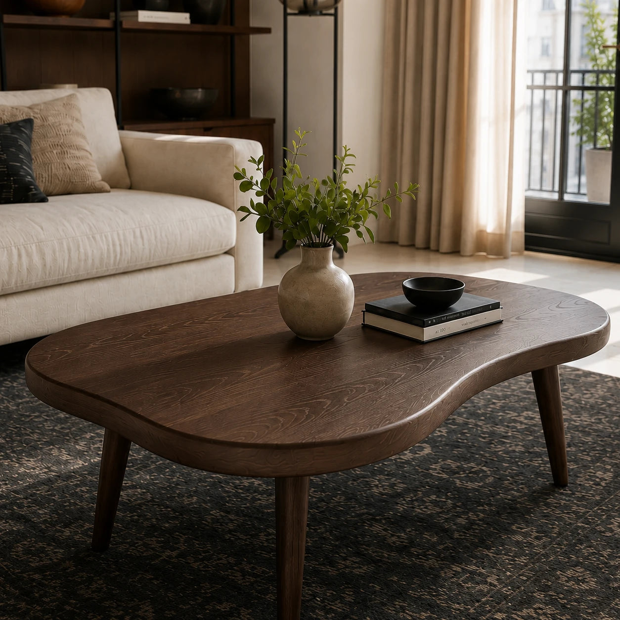 Low profile coffee table with curved corners and slender legs in an elegant city interior