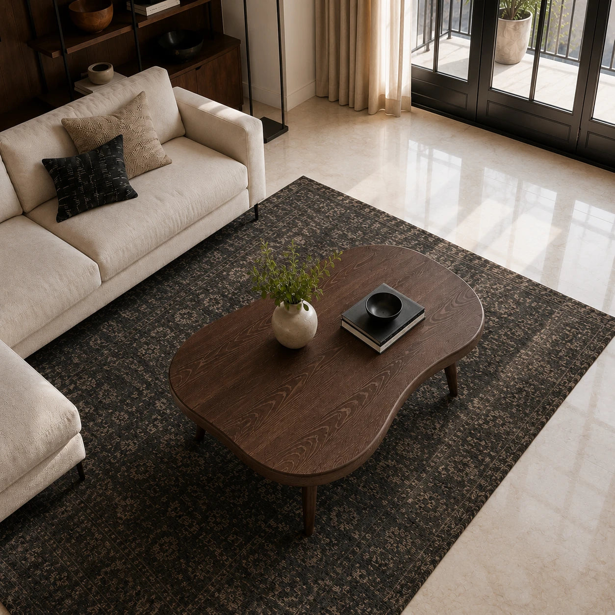 Contemporary coffee table with fluid edges and solid wood frame for modern living rooms