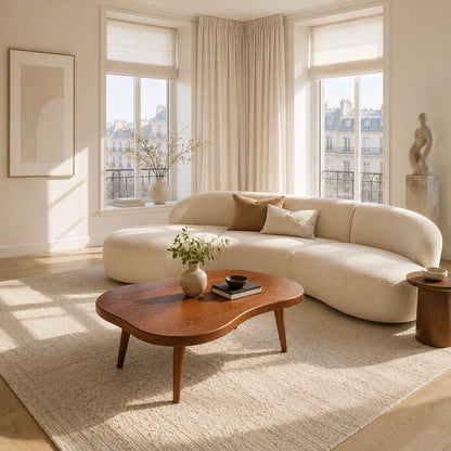 Minimalist coffee table with asymmetrical top and tapered legs for modern interiors