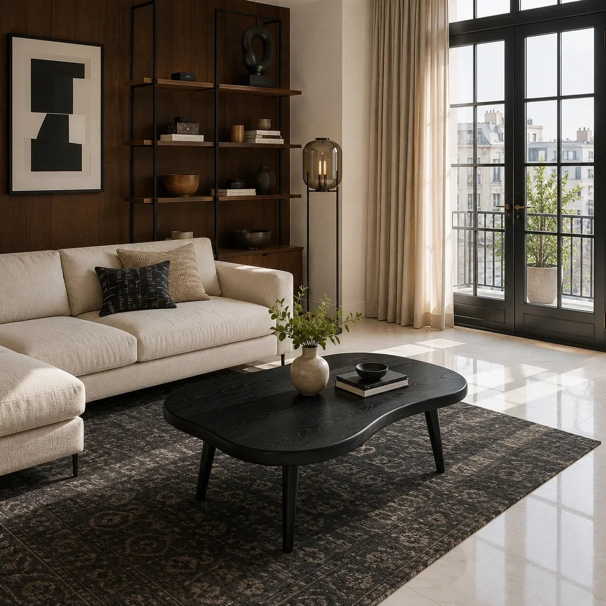 Living room coffee table with smooth contours and handcrafted legs in an urban interior