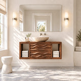 Bathroom sink cabinet in natural solid wood with sculpted drawers and side cubbies
