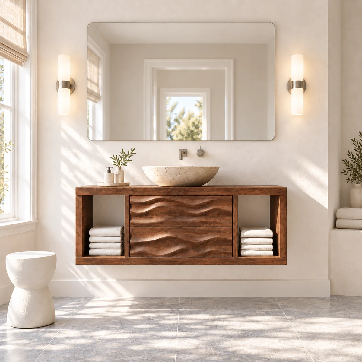 Refined floating vanity in natural solid wood with vessel sink and towel shelves