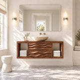 Refined floating vanity in natural solid wood with vessel sink and towel shelves