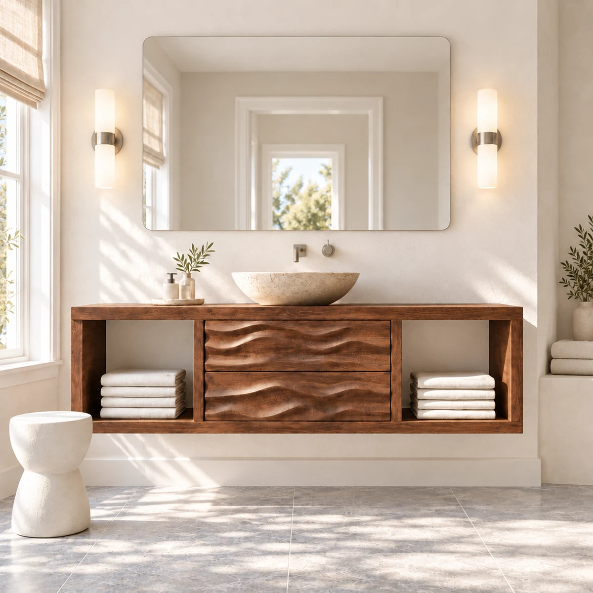 Elegant wall hung vanity in natural solid wood with wave drawers and open side storage