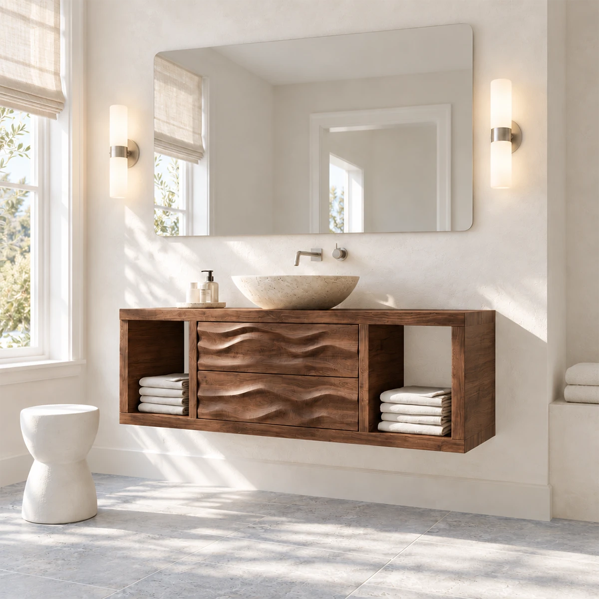 Floating bathroom vanity in natural solid wood with wave drawers and side shelves