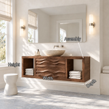 Clean lined vanity cabinet in natural solid wood with open shelves and basin top