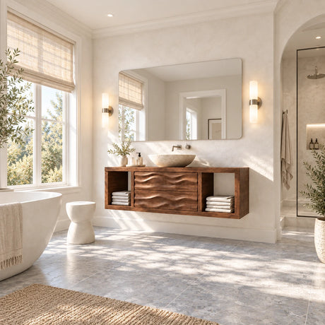Wall mounted vanity in natural solid wood with vessel sink and open side storage